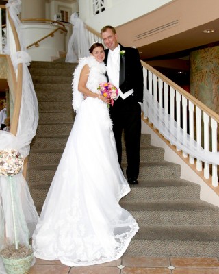 Grand entry at the stairwell at The Inn at Crystal Beach