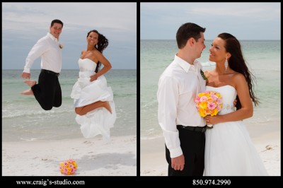 Bride and groom jump shot on the beach